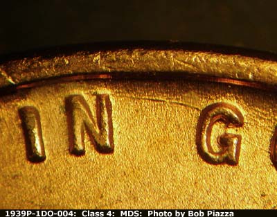 Die-stage B marker on 1939P•1DO•004 (1939 Doubled Die Obverse).
