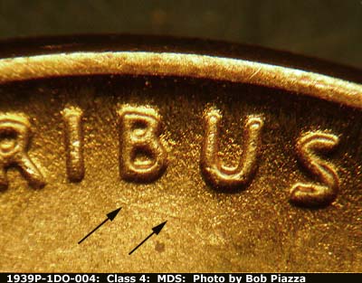 Die-stage B marker on 1939P•1DO•004 (1939 Doubled Die Obverse).