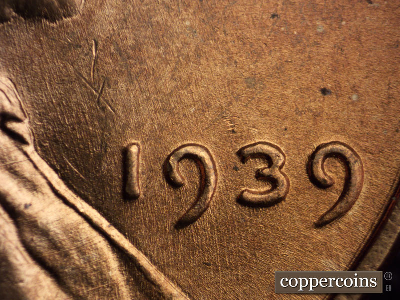 Die-stage B marker on 1939P•1DO•005 (1939 Doubled Die Obverse).