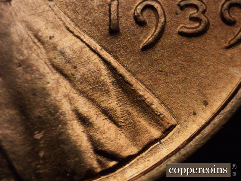 Die-stage B marker on 1939P•1DO•005 (1939 Doubled Die Obverse).