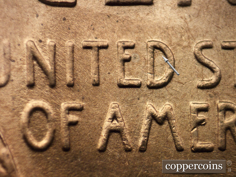 Die-stage B marker on 1939P•1DO•005 (1939 Doubled Die Obverse).