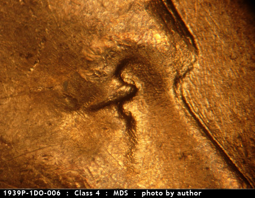 1939 Lincoln cent obverse, CopperCoins die 1939P•1DO•006.