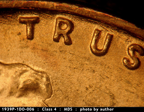 Die-stage B marker on 1939P•1DO•006 (1939 Doubled Die Obverse).
