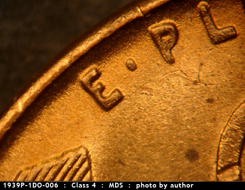 Die-stage B marker on 1939P•1DO•006 (1939 Doubled Die Obverse).