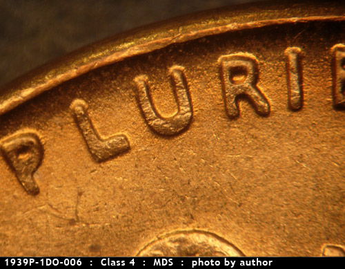Die-stage B marker on 1939P•1DO•006 (1939 Doubled Die Obverse).