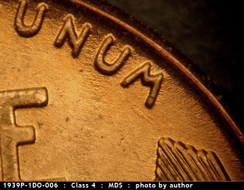 Die-stage B marker on 1939P•1DO•006 (1939 Doubled Die Obverse).