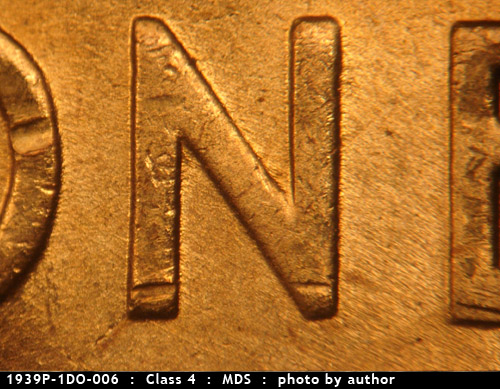 Die-stage B marker on 1939P•1DO•006 (1939 Doubled Die Obverse).