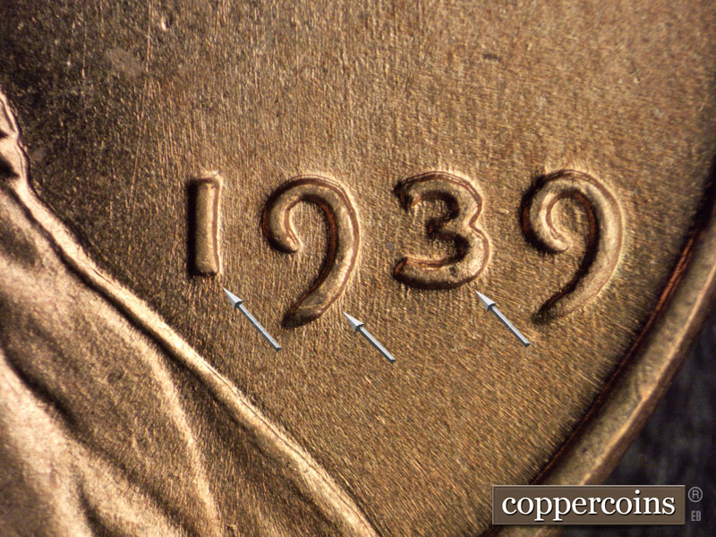 1939 Lincoln cent obverse, CopperCoins die 1939P•1DO•007.
