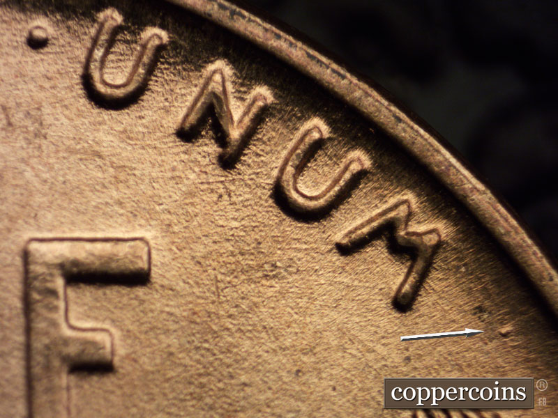 Die-stage B marker on 1939P•1DO•007 (1939 Doubled Die Obverse).