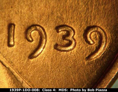 Die-stage B marker on 1939P•1DO•008 (1939 Doubled Die Obverse).