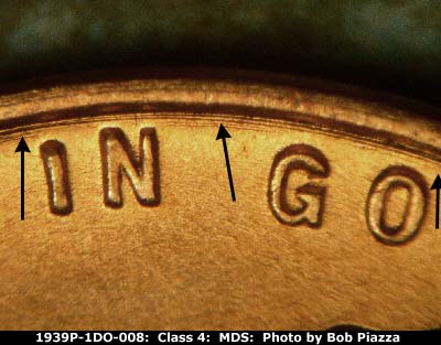 Die-stage B marker on 1939P•1DO•008 (1939 Doubled Die Obverse).