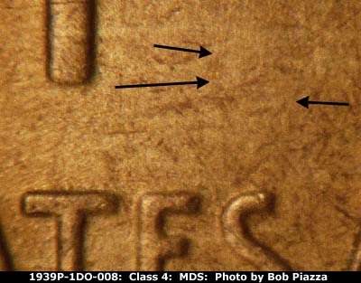 Die-stage B marker on 1939P•1DO•008 (1939 Doubled Die Obverse).