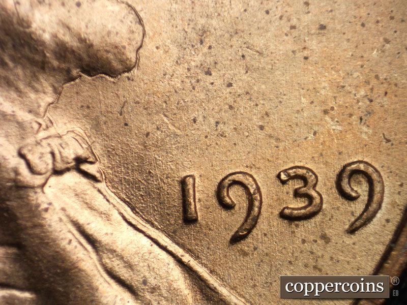 Die-stage B marker on 1939P•1DO•010 (1939 Doubled Die Obverse).