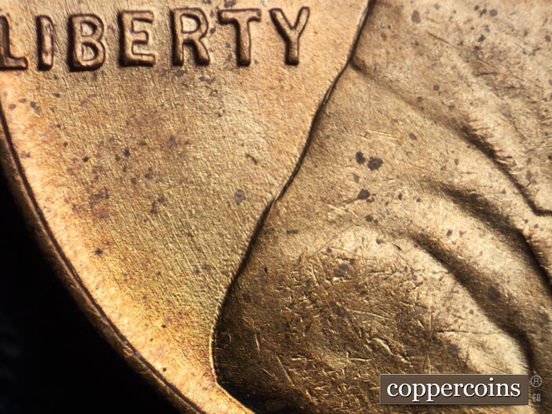 Die-stage B marker on 1939P•1DO•010 (1939 Doubled Die Obverse).