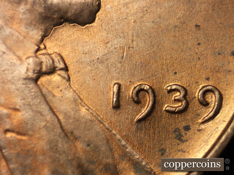 Die-stage B marker on 1939P•1DO•011 (1939 Doubled Die Obverse).