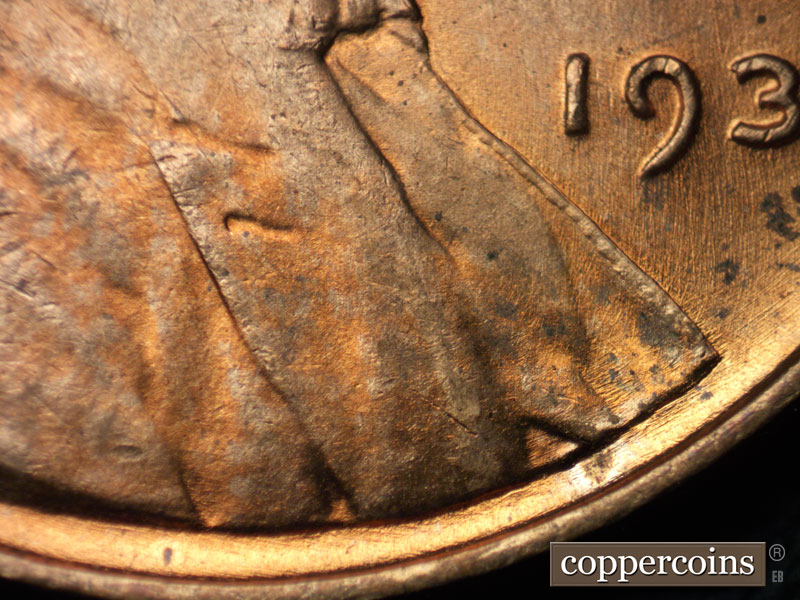 Die-stage B marker on 1939P•1DO•011 (1939 Doubled Die Obverse).
