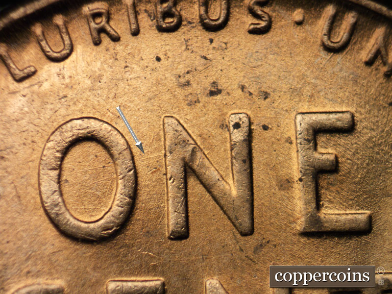 Die-stage B marker on 1939P•1DO•011 (1939 Doubled Die Obverse).