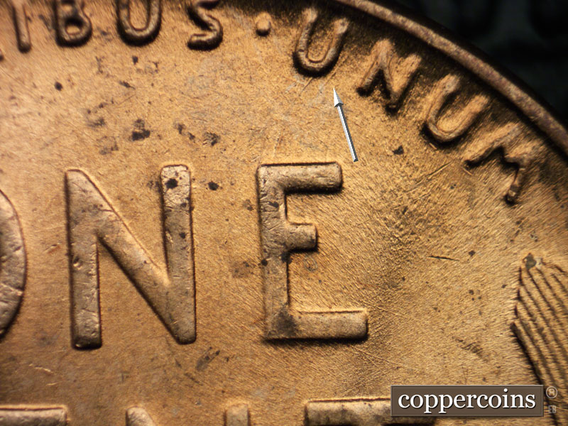 Die-stage B marker on 1939P•1DO•011 (1939 Doubled Die Obverse).