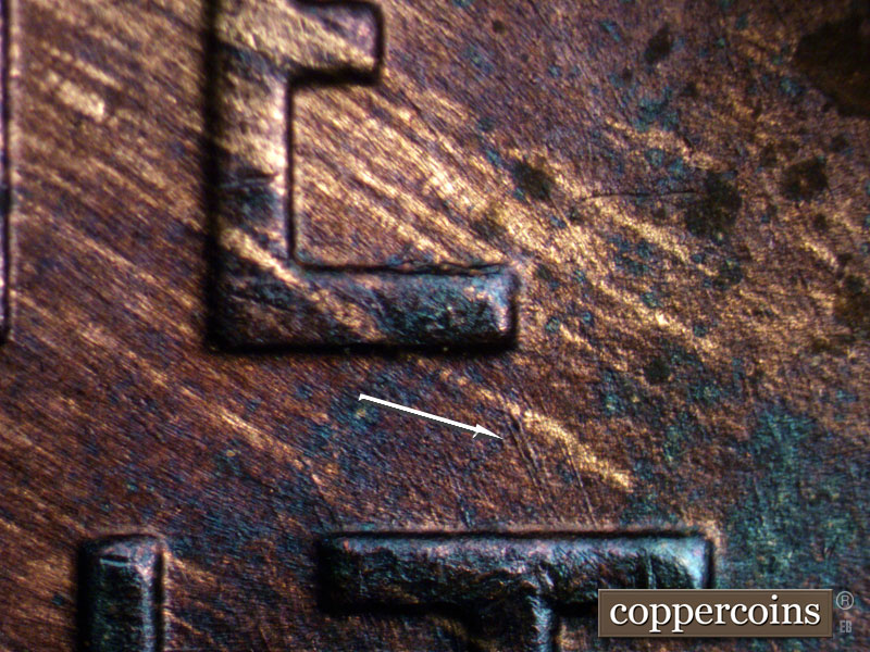 Die-stage B marker on 1939P•1DO•012 (1939 Doubled Die Obverse).