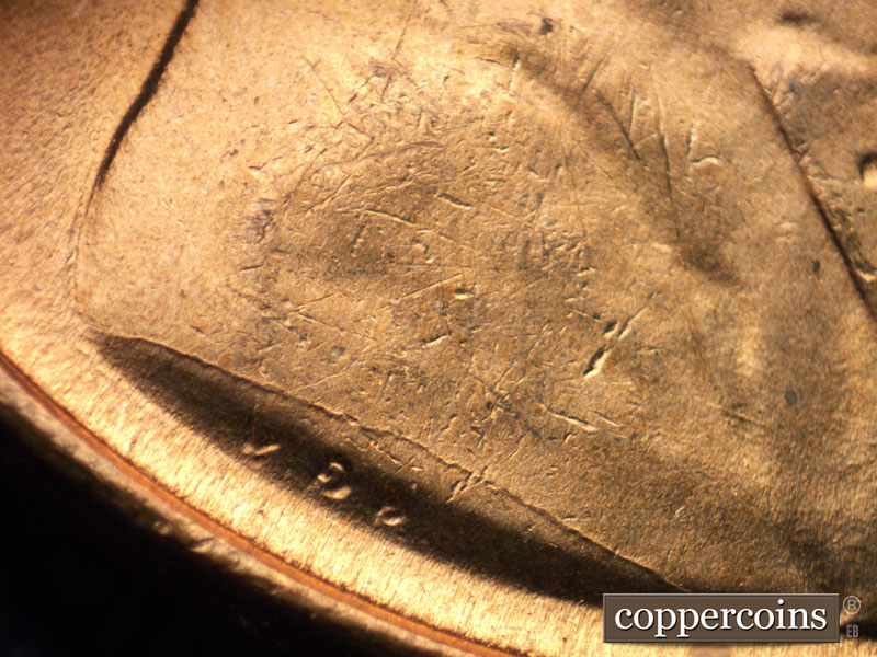 Die-stage B marker on 1939P•1DO•013 (1939 Doubled Die Obverse).