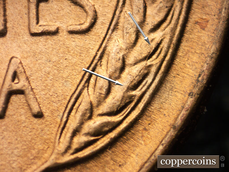 Die-stage B marker on 1939P•1DO•013 (1939 Doubled Die Obverse).