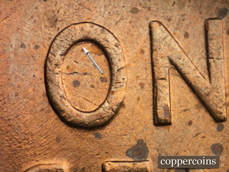 Die-stage B marker on 1939P•1DO•014 (1939 Doubled Die Obverse).