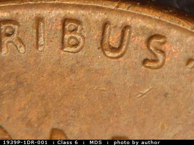 Die-stage B marker on 1939P•1DR•001 (1939 Doubled Die Reverse).