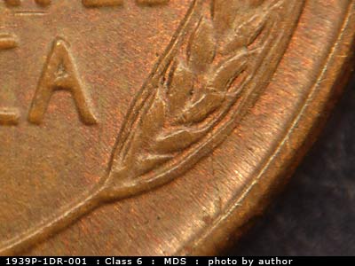 Die-stage B marker on 1939P•1DR•001 (1939 Doubled Die Reverse).
