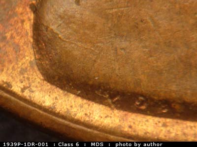 Die-stage B marker on 1939P•1DR•001 (1939 Doubled Die Reverse).