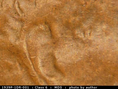 Die-stage B marker on 1939P•1DR•001 (1939 Doubled Die Reverse).