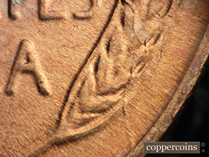 Die-stage C marker on 1939P•1DR•001 (1939 Doubled Die Reverse).