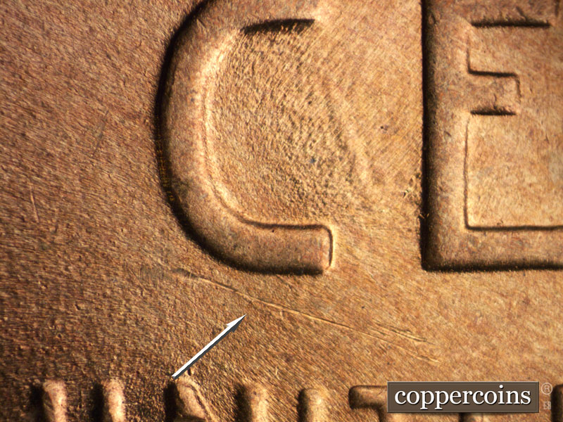 Die-stage C marker on 1939P•1DR•001 (1939 Doubled Die Reverse).