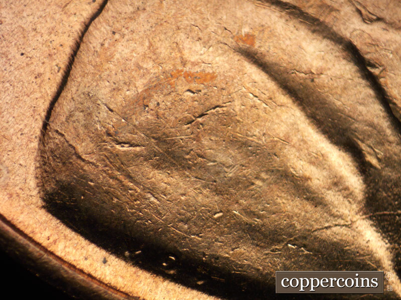 Die-stage C marker on 1939P•1DR•001 (1939 Doubled Die Reverse).