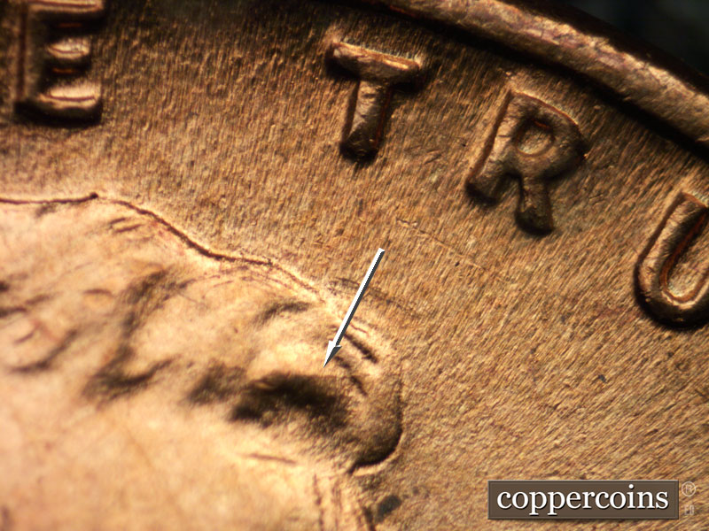 Die-stage C marker on 1939P•1DR•001 (1939 Doubled Die Reverse).