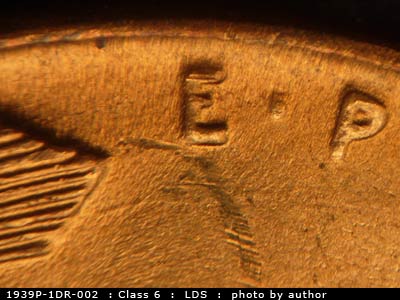Die-stage C marker on 1939P•1DR•002 (1939 Doubled Die Reverse).