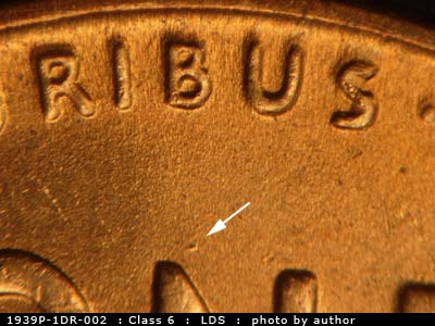 Die-stage C marker on 1939P•1DR•002 (1939 Doubled Die Reverse).