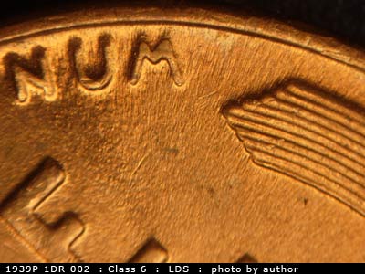 Die-stage C marker on 1939P•1DR•002 (1939 Doubled Die Reverse).