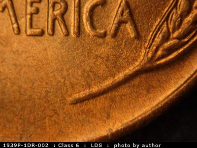 Die-stage C marker on 1939P•1DR•002 (1939 Doubled Die Reverse).