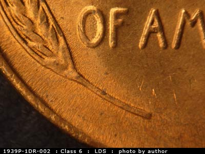 Die-stage C marker on 1939P•1DR•002 (1939 Doubled Die Reverse).