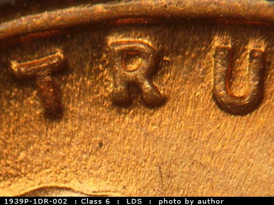 Die-stage C marker on 1939P•1DR•002 (1939 Doubled Die Reverse).