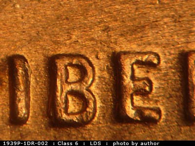 Die-stage C marker on 1939P•1DR•002 (1939 Doubled Die Reverse).
