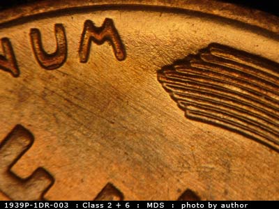 Die-stage B marker on 1939P•1DR•003 (1939 Doubled Die Reverse).