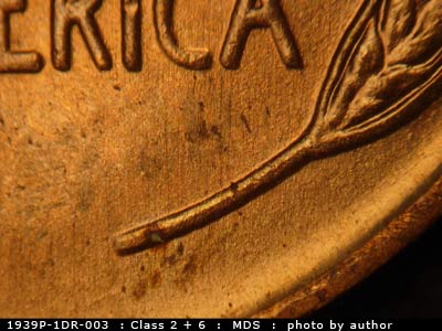 Die-stage B marker on 1939P•1DR•003 (1939 Doubled Die Reverse).