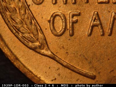 Die-stage B marker on 1939P•1DR•003 (1939 Doubled Die Reverse).