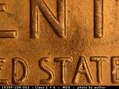 Die-stage B marker on 1939P•1DR•003 (1939 Doubled Die Reverse).