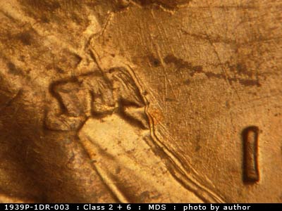 Die-stage B marker on 1939P•1DR•003 (1939 Doubled Die Reverse).