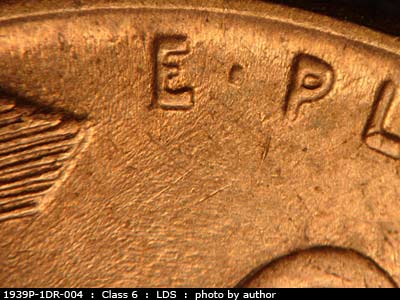 Die-stage C marker on 1939P•1DR•004 (1939 Doubled Die Reverse).