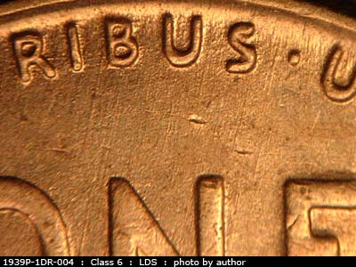 Die-stage C marker on 1939P•1DR•004 (1939 Doubled Die Reverse).