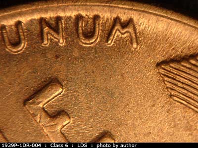 Die-stage C marker on 1939P•1DR•004 (1939 Doubled Die Reverse).