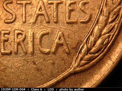 Die-stage C marker on 1939P•1DR•004 (1939 Doubled Die Reverse).